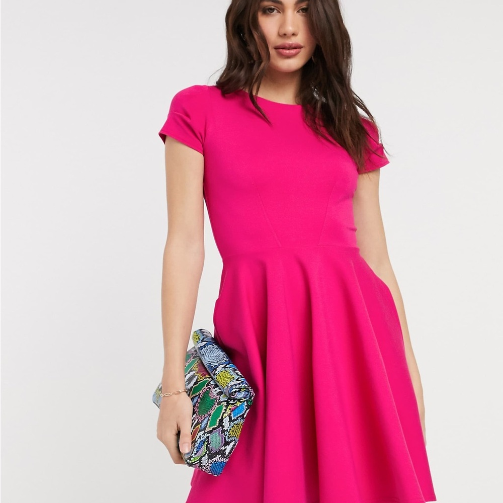 Pink Fit and Flare Midi Dress for Wedding Guest